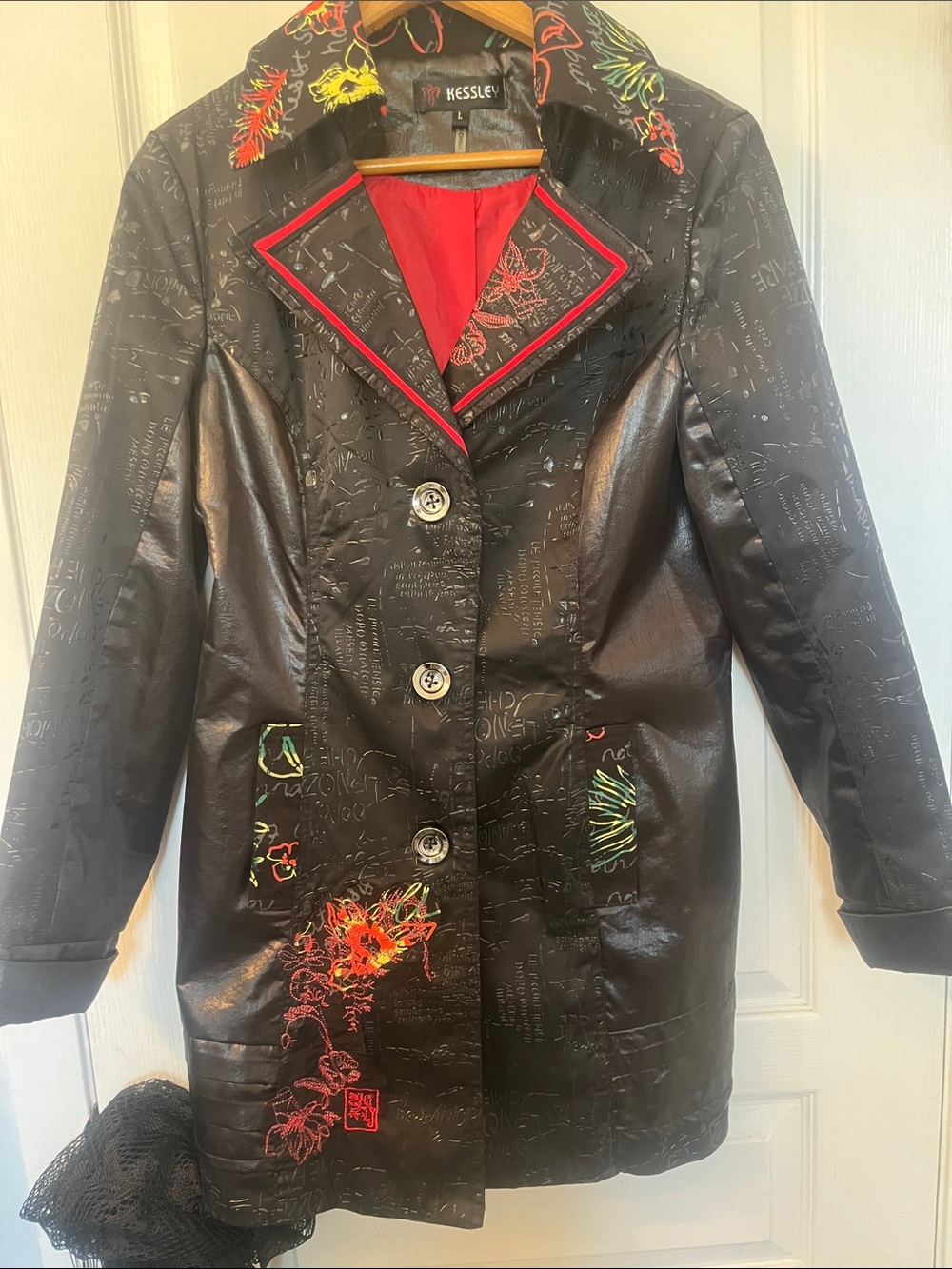 Black Embroidered Faux-Leather Coat with Red Trim